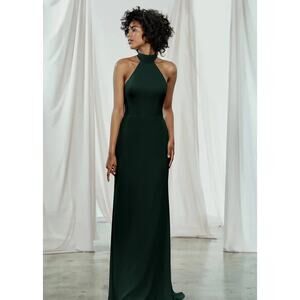Amsale GB070F Sophia Hunter Green Flat Chiffon Halter Bridesmaid Gown Size 8